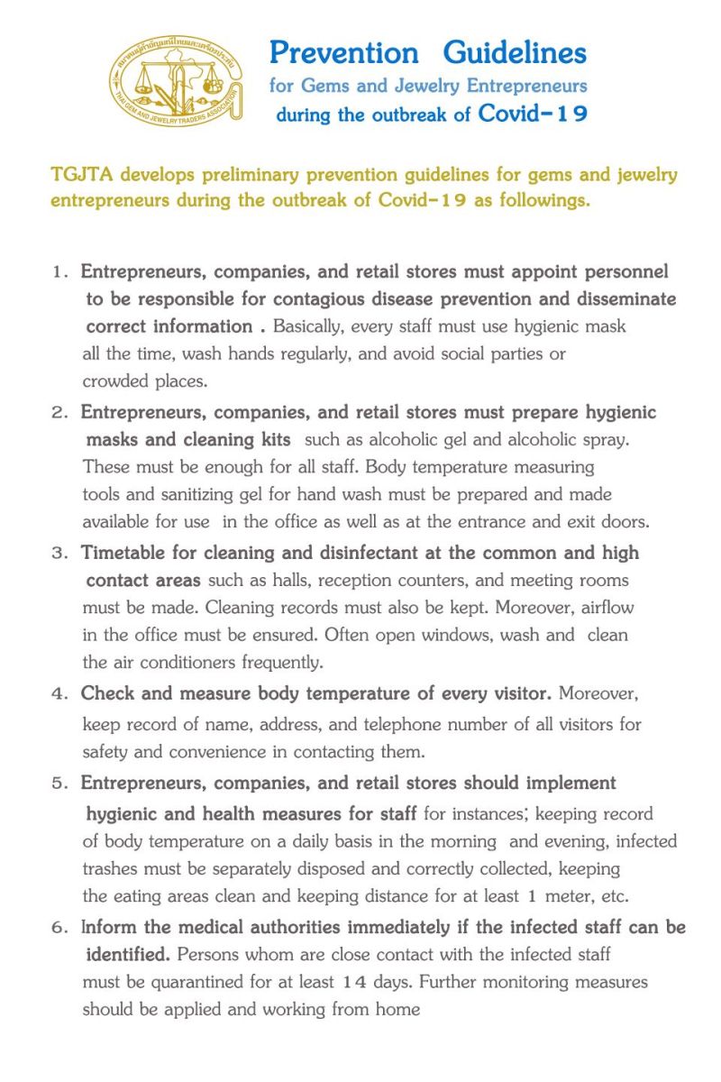 Prevention Guidelines for Gems and Jewelry Entrepreneurs during the outbreak of Covid19